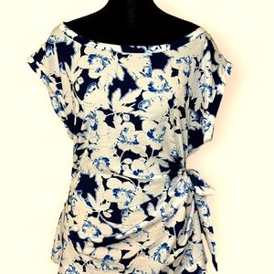 White w/ Navy blue & periwinkle blue printed Top